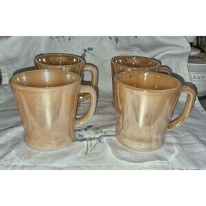 Vtg Fire King  Peach Luster Iridescent Coffee Mugs D Handle Set 4 Anchor Hocking